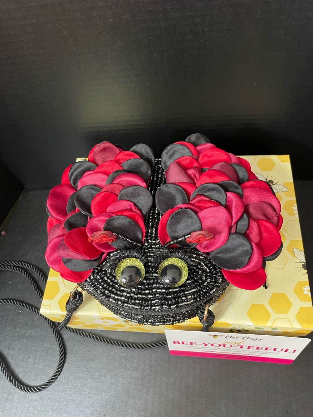 Lucy the Ladybug is a Whimsical Black and Red Beaded Women's Crossbody Bag